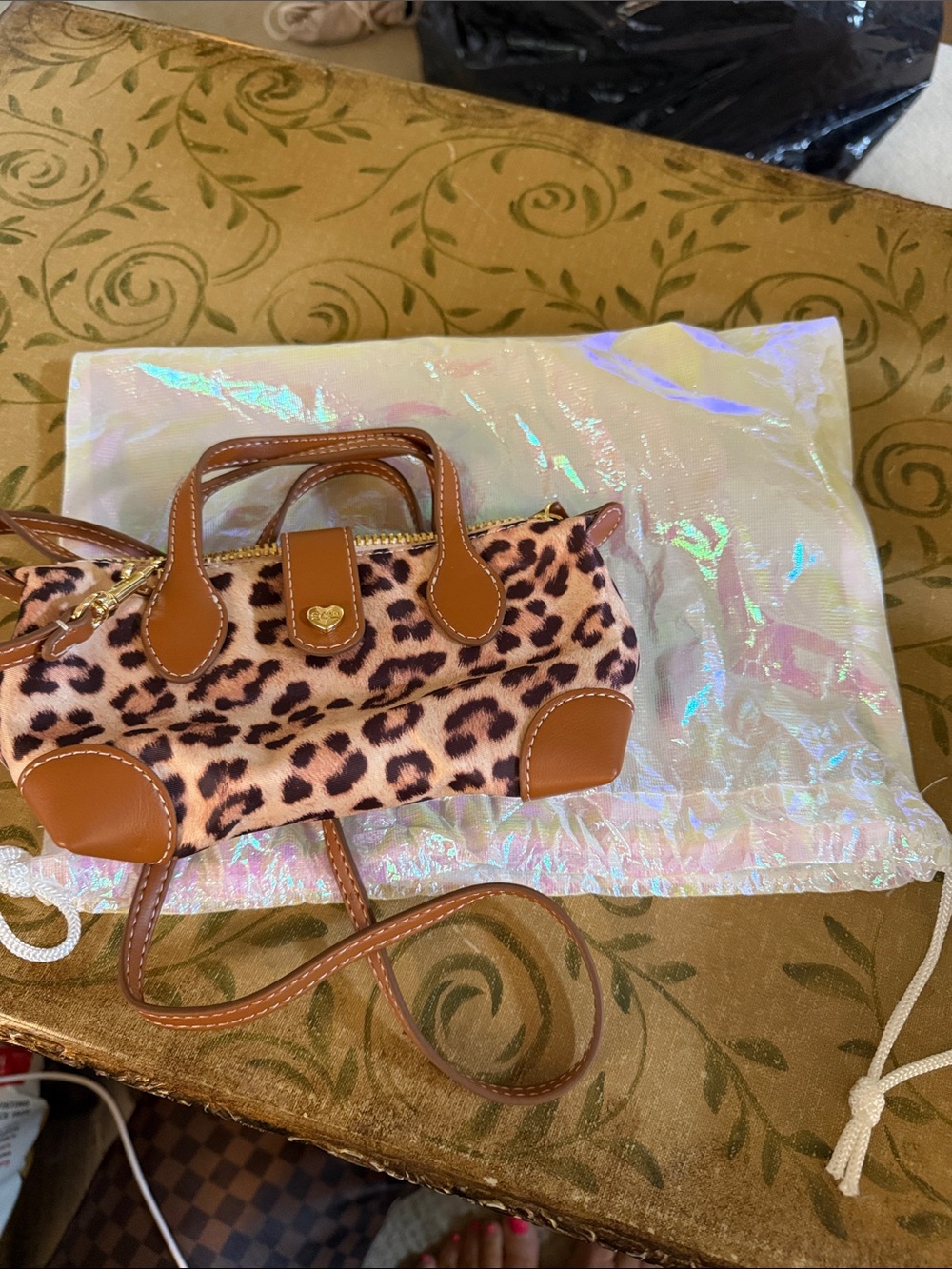 Stoney Clover Lane Leopard Print Mini Satchel Handbag with Brown Trim Crossbody
